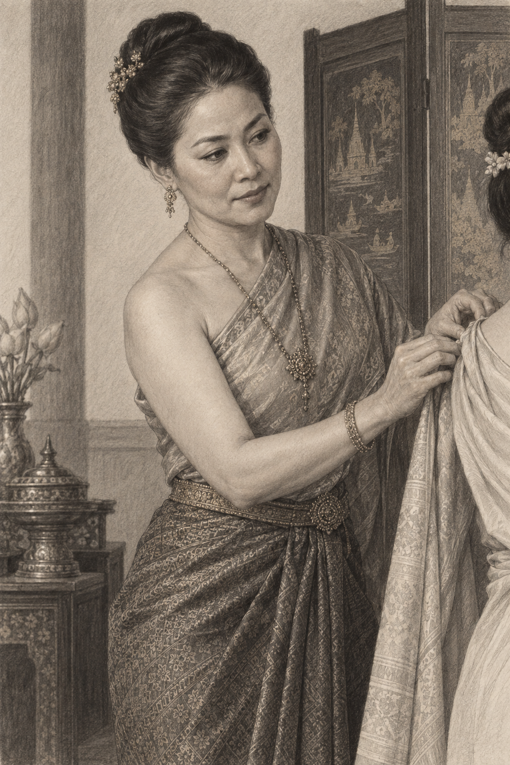 Pencil sketch of Ong's wife