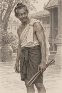 Graphite study: Phet, lean and greying, a pair of practice sticks in hand