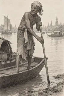 Graphite study: Ta Mun poling a small boat along the bank