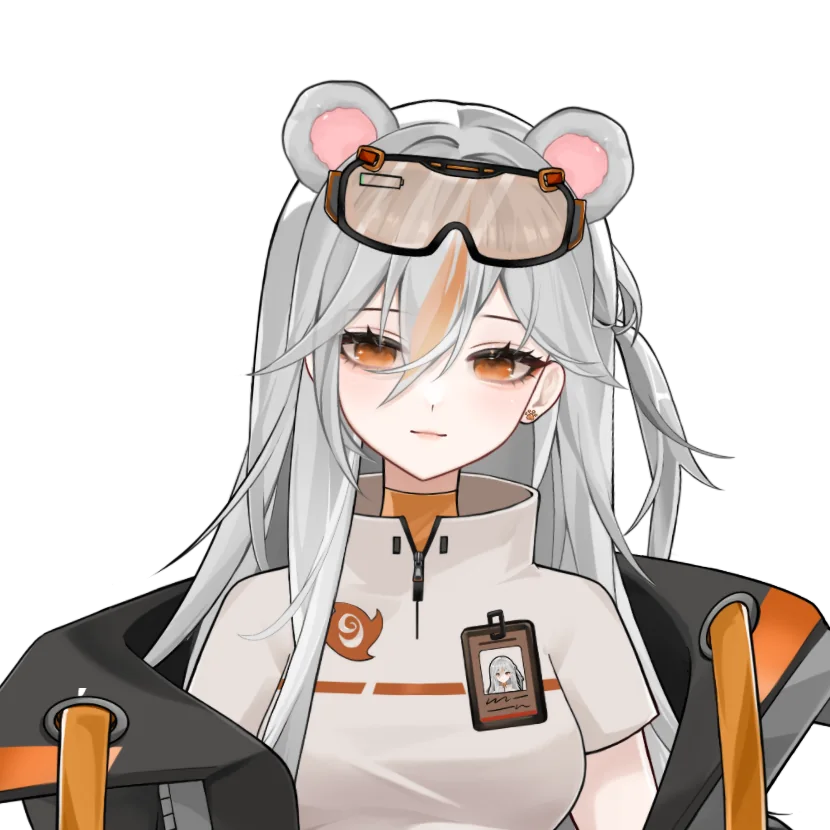 Honey, chest up: long silver hair, bear-ear headband with goggles, an open black-and-orange jacket — a knowing half-smile.
