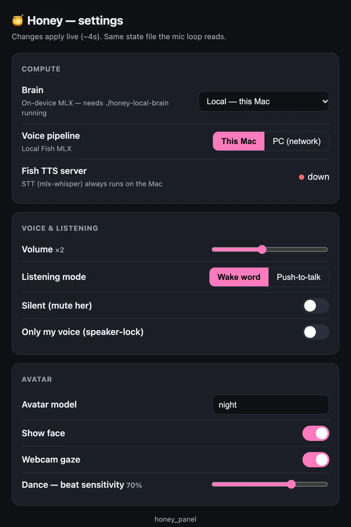 Honey’s settings panel: brain and voice pipeline, listening mode, the voice lock, the avatar.