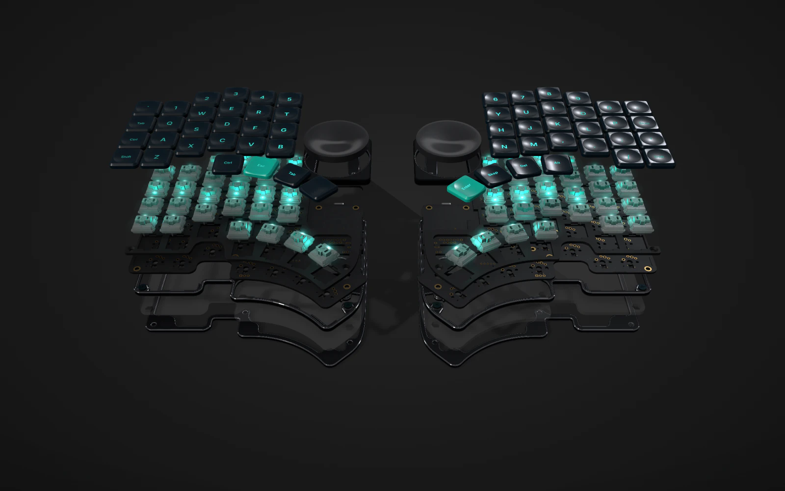An exploded view of a split keyboard: keycaps, teal-lit switches, circuit boards with gold pads, clear plates and round trackpads floating in separate layers.