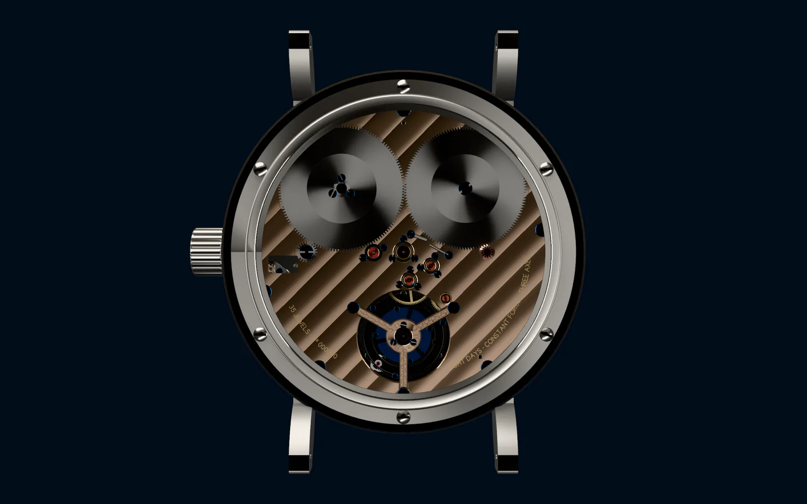 The caseback through sapphire: rose-gold plates with diagonal Côtes de Genève, two large barrels, ruby jewels in gold chatons, blued screws and the tourbillon bridge.