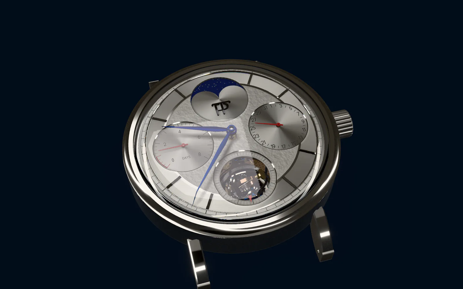 The watch at a three-quarter angle, light running along the polished case band and lugs, the crown at three.