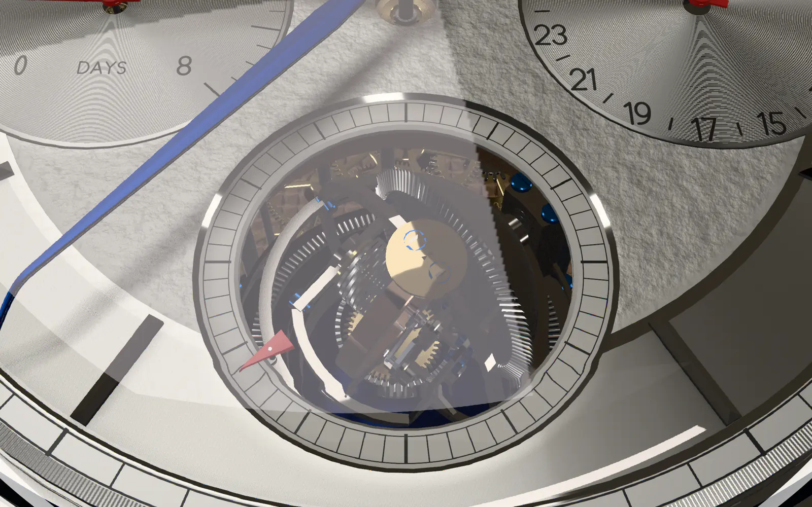 Close-up through the tourbillon aperture: nested cages, gold balance and fine gear teeth, with a small red triangle on the outer cage pointing at the railway seconds track.