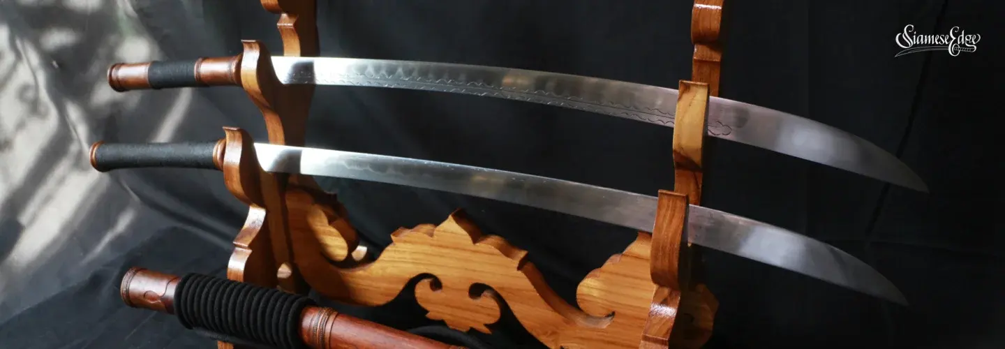 The same pair from another angle, the stamped pattern visible on the blades