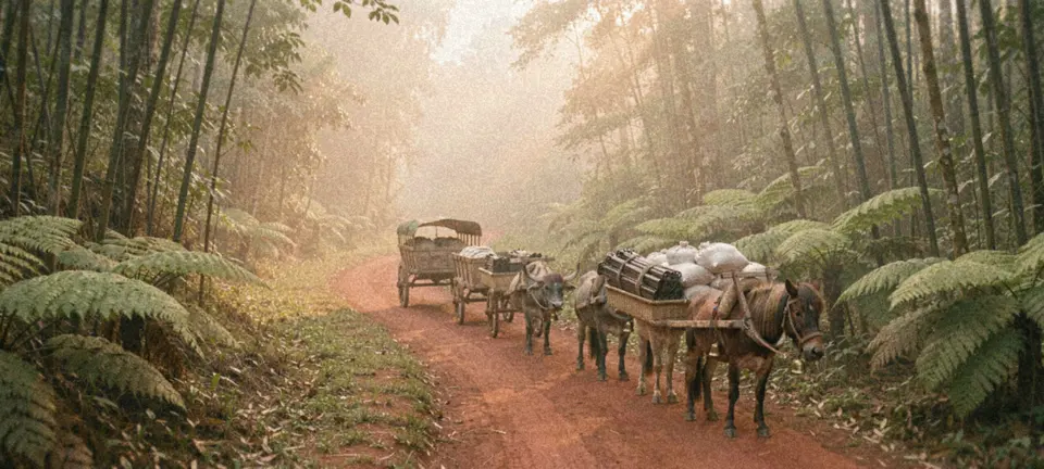 A halted trading caravan of ponies, a buffalo and a bullock cart on a red-earth trail through misty teak and bamboo jungle.