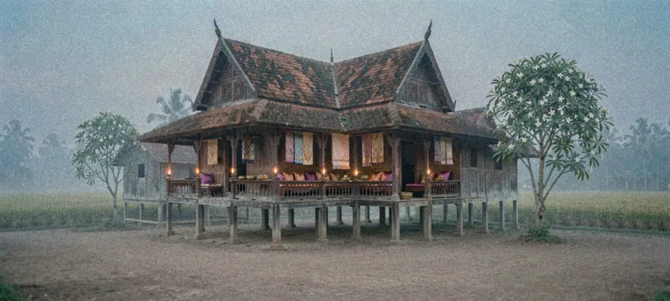 A wealthy Isan homestead at dusk: a large raised teak house with silk hangings and cushions, oil lamps lit on the veranda, blue mist over the fields.
