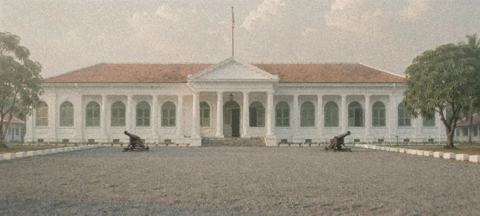 A white colonial-era military building on a gravel parade ground in morning haze, with two old cannons.