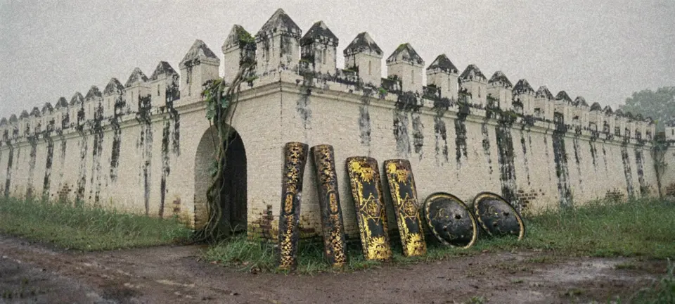 The weathered wall of a Siamese frontier fortress in mist, with black-and-gold lacquered war shields leaning against its foot.