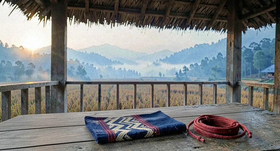A Tai Lue veranda at first light: a woven indigo cloth and a coil of red cord on a teak bench over a misty Nan valley.
